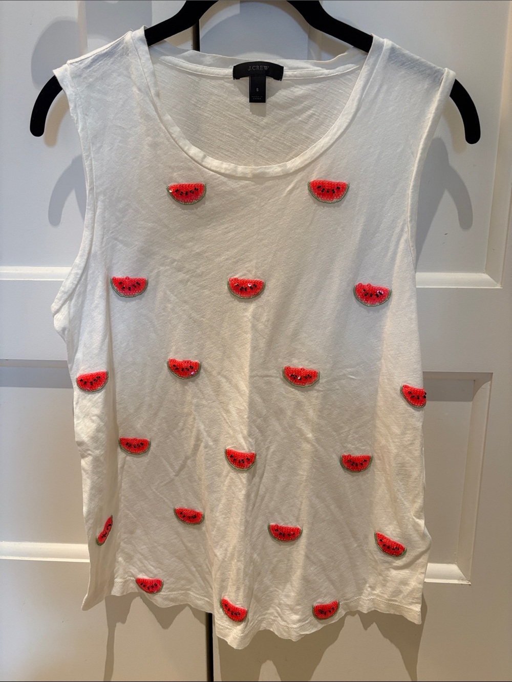 J. Crew White Sleeveless Tank with Pink Watermelon Embroidery